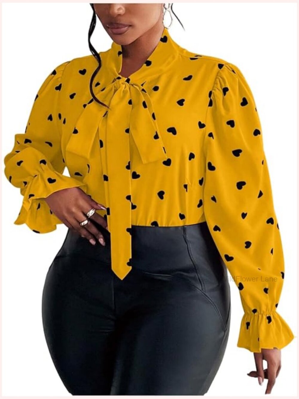 Plus Size Heart Print Bow Tie Blouse Long Sleeve Office Shirt